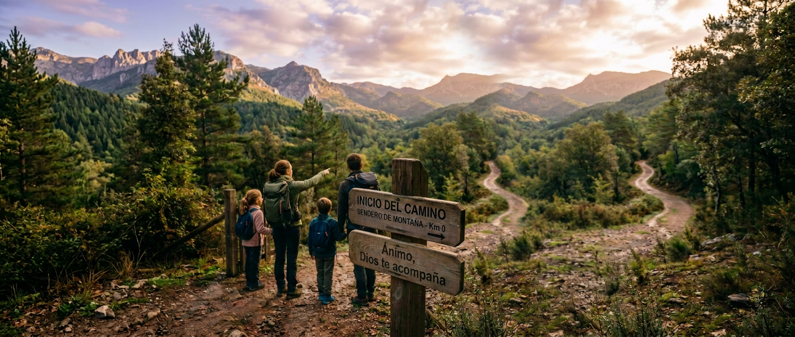 Hiker beside sign reading “INICIO DEL CAMINO SENDERO DE MONTAÑA - Km 0”